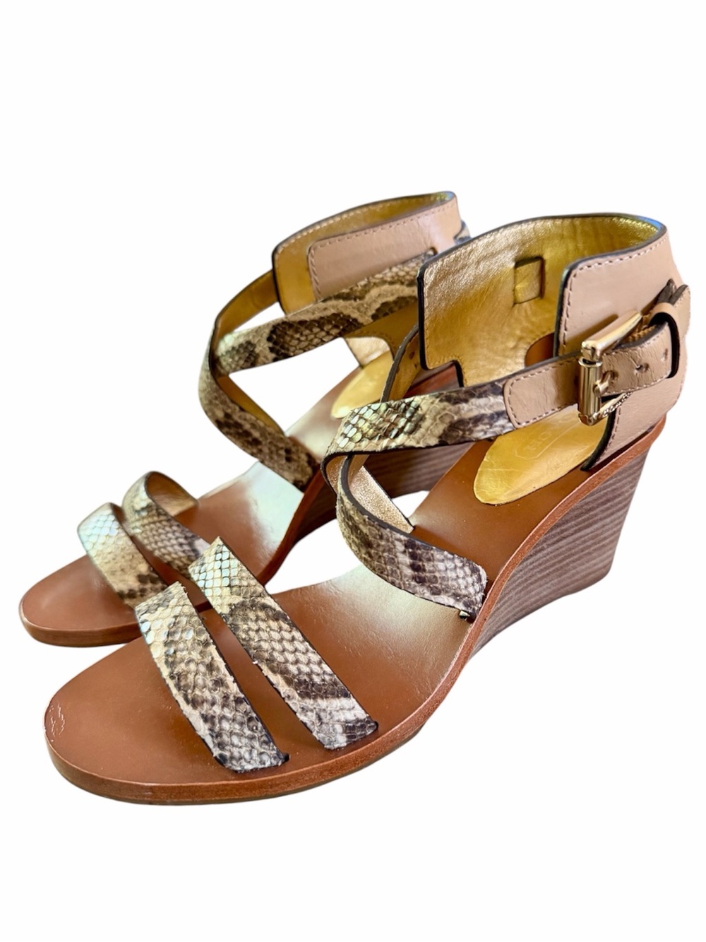 COACH Prue Snake Embossed Wedge Sandals Sz 7  B Ankle Strap Beige Neutral